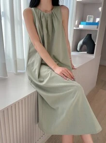 DAZY Solid Plicated Detail Tank Dress - Green - View 3