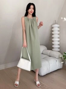 DAZY Solid Plicated Detail Tank Dress - Green - View 6