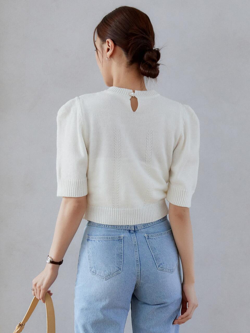 Solid Puff Sleeve Crop Knit Top