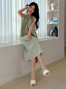 DAZY Solid Plicated Detail Tank Dress - Green - View 8