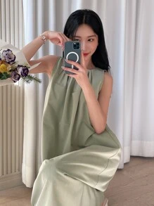 DAZY Solid Plicated Detail Tank Dress - Green - View 5