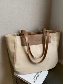 Letter Graphic Shoulder Tote Bag - Khaki - View 1