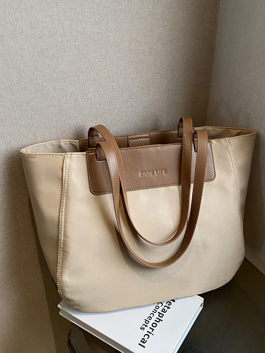 Letter Graphic Shoulder Tote Bag - Khaki - View 1