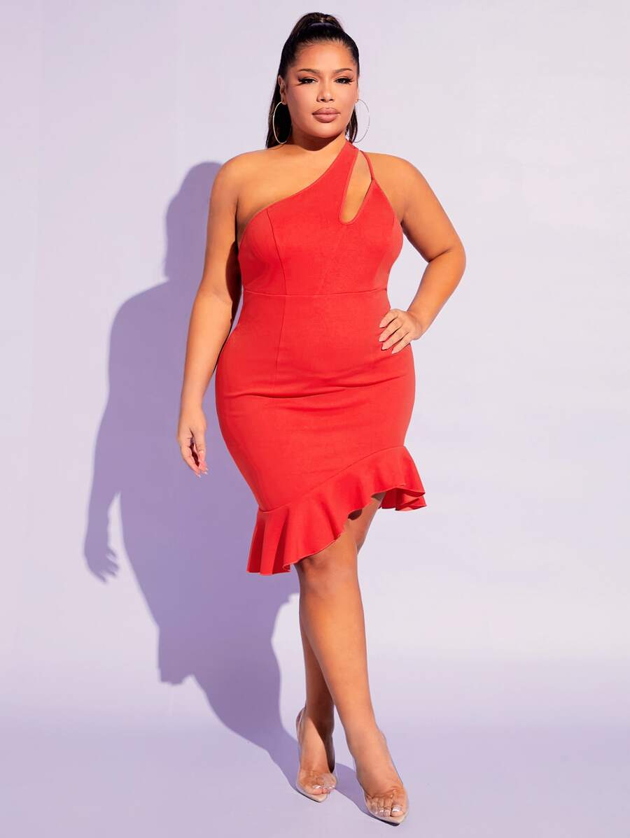SHEIN SXY Vestido de un hombro bajo con fruncido - Rojo - Ver 1