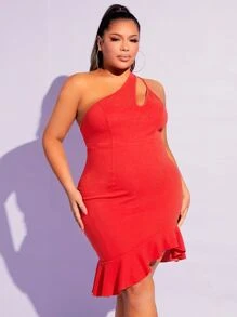 SHEIN SXY Vestido de un hombro bajo con fruncido - Rojo - Ver 3