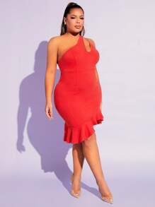 SHEIN SXY Vestido de un hombro bajo con fruncido - Rojo - Ver 4