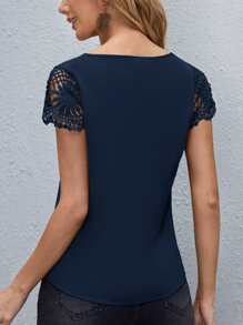SHEIN Clasi Áo sơ mi nữ Tương phản ren màu trơn Giải trí - Màu xanh hải quân - Xem 2