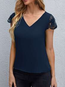 SHEIN Clasi Áo sơ mi nữ Tương phản ren màu trơn Giải trí - Màu xanh hải quân - Xem 3