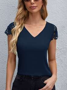 SHEIN Clasi Áo sơ mi nữ Tương phản ren màu trơn Giải trí - Màu xanh hải quân - Xem 5