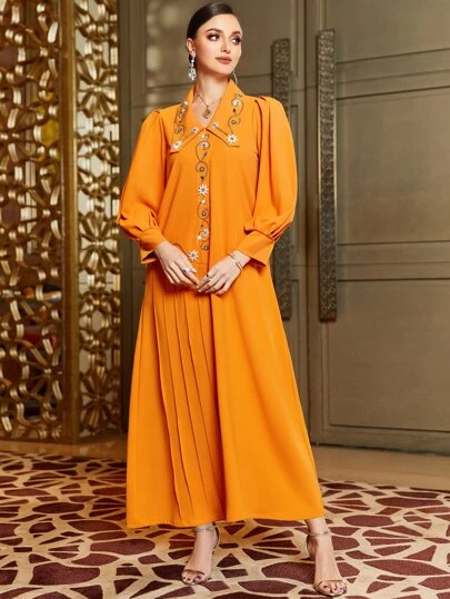 Al Najma Solid Pleated Detail Long Bishop Sleeve Modest Dress