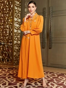 Al Najma 素色百褶細節燈籠袖連衣裙 - 橘色 - 查看 5