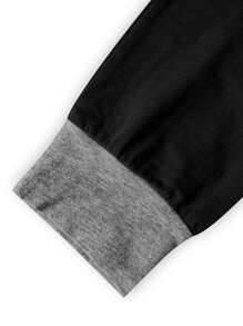 Men's Contrast Color V-Neck Long Sleeve Button Decor Casual T-Shirt, For Fall - Black - View 6