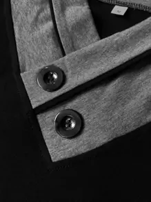 Men's Contrast Color V-Neck Long Sleeve Button Decor Casual T-Shirt, For Fall - Black - View 7