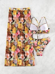 Letni bikini plażowe z tropikalnym nadrukiem i zakrywającą spódnicą - Wielokolorowe - Zobacz 8