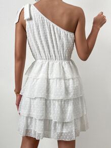 SHEIN WYWH 圓點單肩打結細節層疊下擺連衣裙 - 白色 - 查看 2