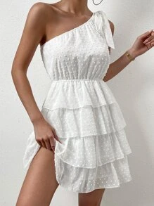 SHEIN WYWH 圓點單肩打結細節層疊下擺連衣裙 - 白色 - 查看 4