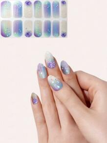 Almond Gradient Colorful 3D Hand-Painted Blue Lotus Floral 3D Crystal Nail Stickers - Multicolor - View 3