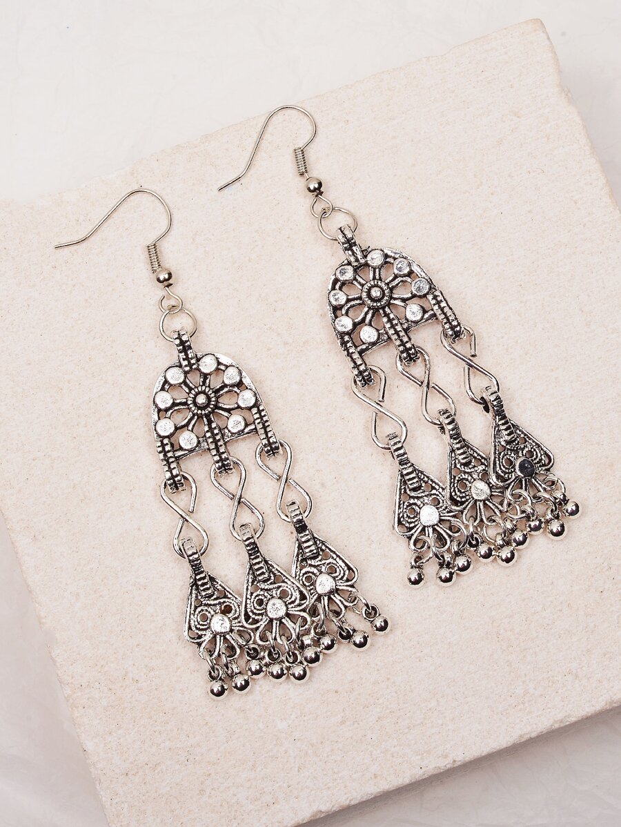 Bead Tassel Drop Earrings - Antique Silver - View 1