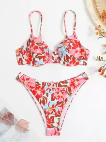 Swim Mod Summer Beach Floral Print Underwire Bikini Set - Multicolor - View 6