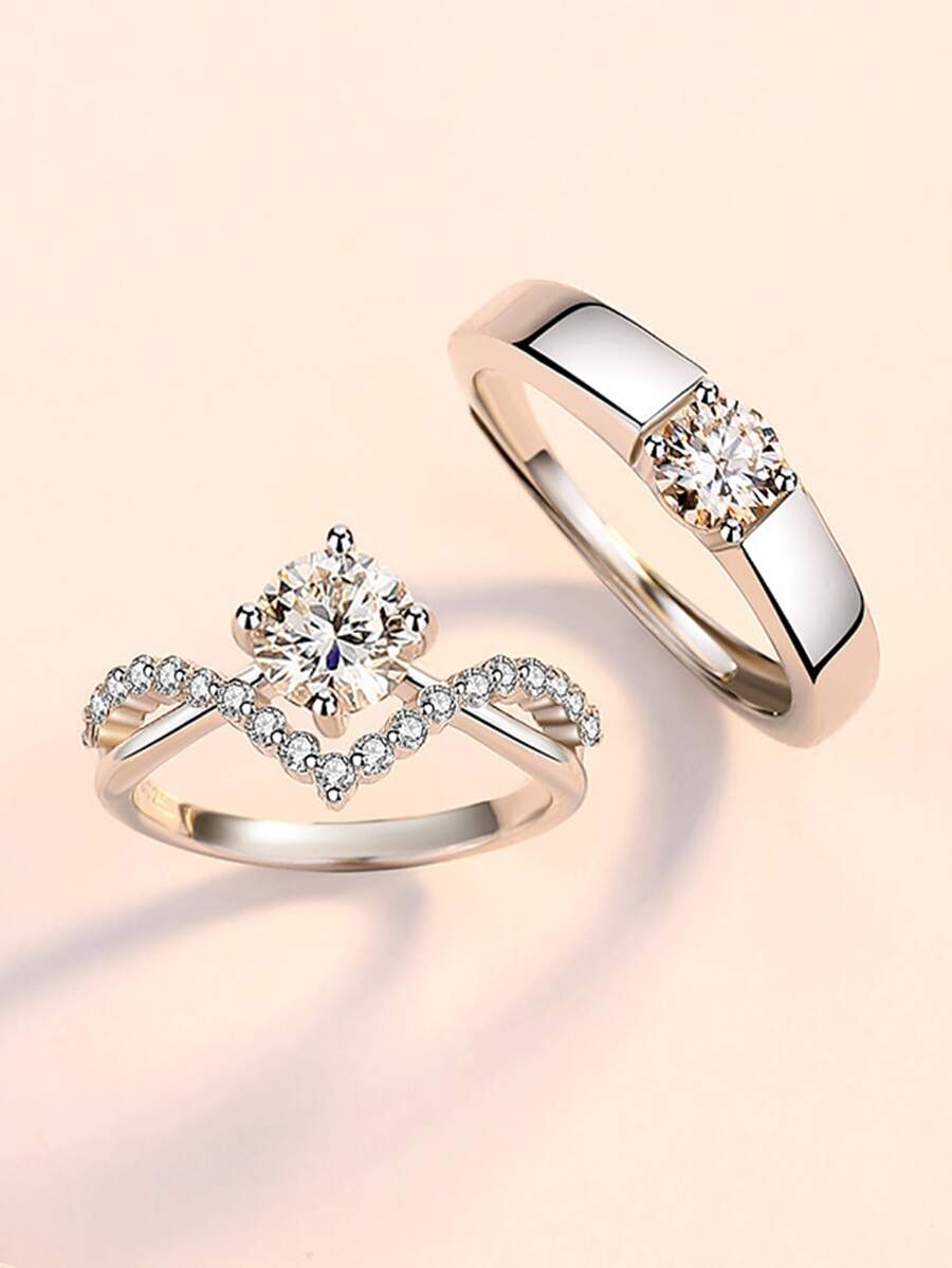 2pcs Cubic Zirconia Decor Ring - Silver - View 1