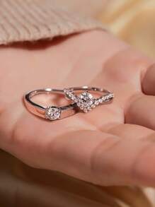 2pcs Cubic Zirconia Decor Ring - Silver - View 2