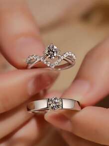 2pcs Cubic Zirconia Decor Ring - Silver - View 3