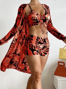 Plant Print Drawstring Summer Beach Bikini Set With Kimono - Multicolor - View 1