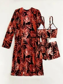 Plant Print Drawstring Summer Beach Bikini Set With Kimono - Multicolor - View 2