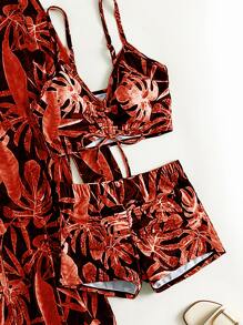 Plant Print Drawstring Summer Beach Bikini Set With Kimono - Multicolor - View 4