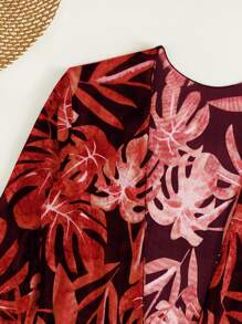 Plant Print Drawstring Summer Beach Bikini Set With Kimono - Multicolor - View 5
