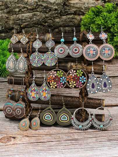 TopHanqi 12 对/套女士耳环多色套装圆形水滴形花朵套装搭配绿松石套装搭配彩色水钻吊坠组合耳环情人节、妈妈、母亲、母亲节、礼物