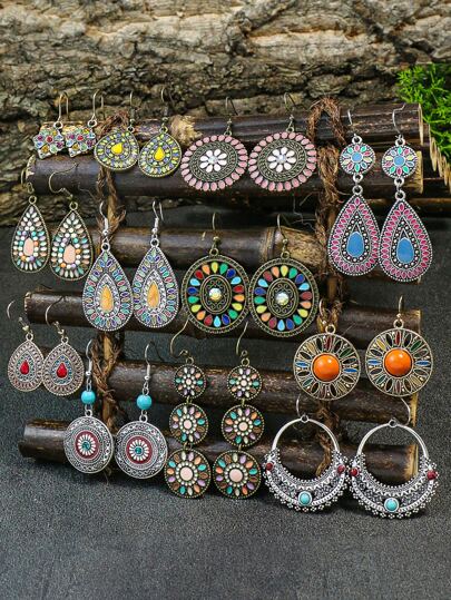 TopHanqi 12雙復古風格彩色淚滴形和圓形琺瑯裝飾用品波西米亞度假耳環