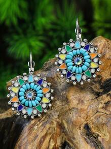 TopHanqi 12pairs Water Drop Earrings Retro Ethnic Style 12 Pairs Of Women's Earrings Multi-colored Set Round Drop-shaped Flower Set With Turquoise Set With Colored Rhinestone Pendant Combination Earrings - Multicolor - View 3