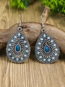 TopHanqi 12pairs Water Drop Earrings Retro Ethnic Style 12 Pairs Of Women's Earrings Multi-colored Set Round Drop-shaped Flower Set With Turquoise Set With Colored Rhinestone Pendant Combination Earrings - Multicolor - View 4