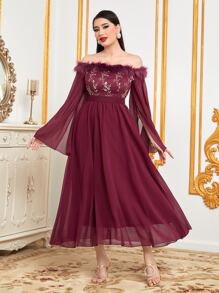 Al Najma Burgundy Red Off Shoulder Fuzzy Trim Cloak Sleeve Mesh Overlay Dress - Burgundy - View 3