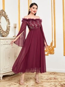 Al Najma Burgundy Red Off Shoulder Fuzzy Trim Cloak Sleeve Mesh Overlay Dress - Burgundy - View 4
