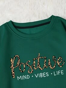 SHEIN LUNE Leopard & Letter Graphic Thermal Lined Sweatshirt - Dark Green - View 6