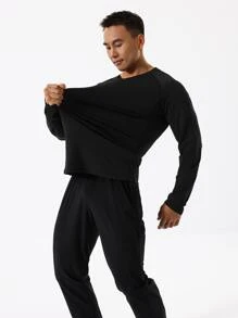 Hombres Camiseta deportiva unicolor de manga raglán - Negro - Ver 3