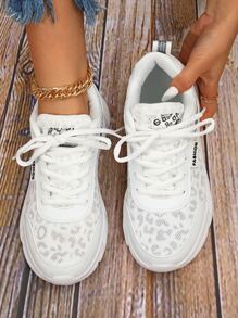 Women's White Road Running Shoes With Leopard Print & Letter Pattern, Front Lacing And Thick Sole - White - View 2