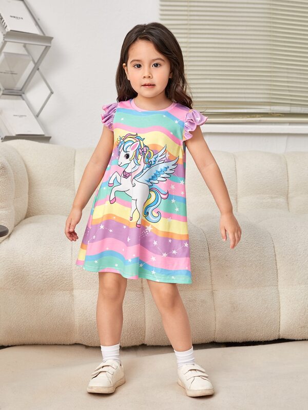 SHEIN Kids QTFun Toddler Girls Unicorn Print Ruffle Trim Dress SHEIN USA