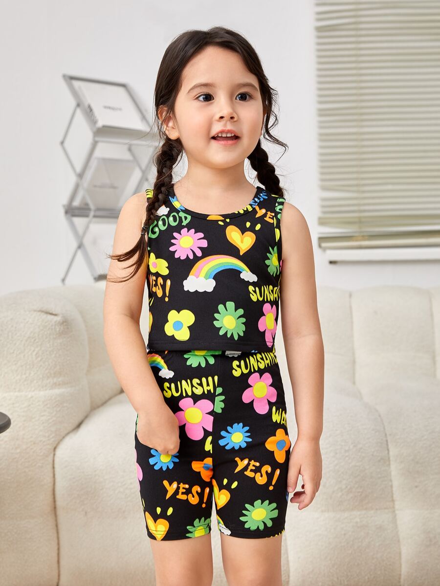 SHEIN 小女童花卉和字母圖案背心上衣和騎行褲 - 彩色 - 查看 1