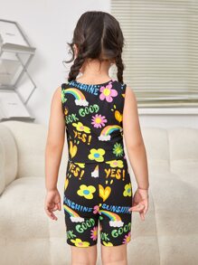 SHEIN 小女童花卉和字母圖案背心上衣和騎行褲 - 彩色 - 查看 2