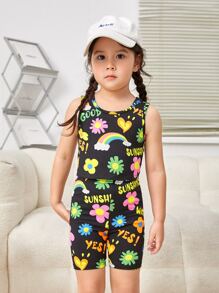 SHEIN 小女童花卉和字母圖案背心上衣和騎行褲 - 彩色 - 查看 4