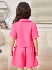 SHEIN 小女童西裝領襯衫和短褲 - 玫紅色 - 查看 2