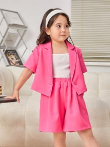 SHEIN 小女童西裝領襯衫和短褲 - 玫紅色 - 查看 4