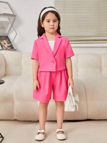 SHEIN 小女童西裝領襯衫和短褲 - 玫紅色 - 查看 5