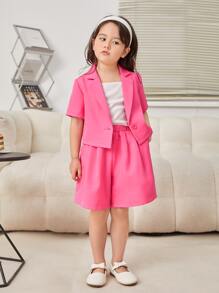 SHEIN 小女童西裝領襯衫和短褲 - 玫紅色 - 查看 6