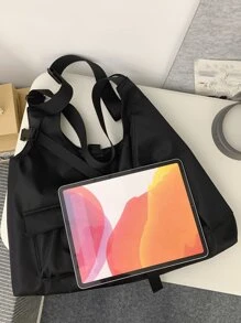 極簡大容量單肩托特包,大容量托特包辦公和旅行,可折疊包適用於學校,工作,旅行 - 黑色 - 查看 6