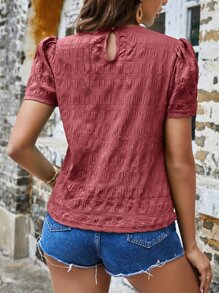 SHEIN VCAY Textured Solid Puff Sleeve Blouse - Watermelon Pink - View 2
