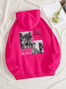 INAWLY Sculpture & Letter Graphic Thermal Lined Drawstring Hoodie Graduation,Back To School Outfits,Graduation,Teacher Outfits For Women,Back To School Pullover Fall Outfit - Hot Pink - View 1